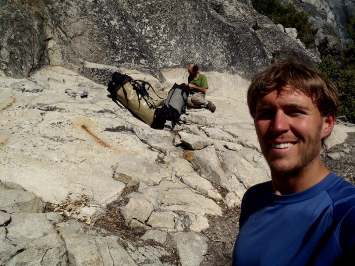 Joel Unema and David Bloom going up the East Ledges Descent, El Capitan, Yosemite Valley.